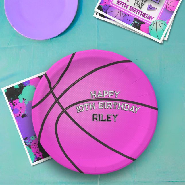 Magenta Pink Basketball Happy Birthday Name Paper Plates (Creator Uploaded)