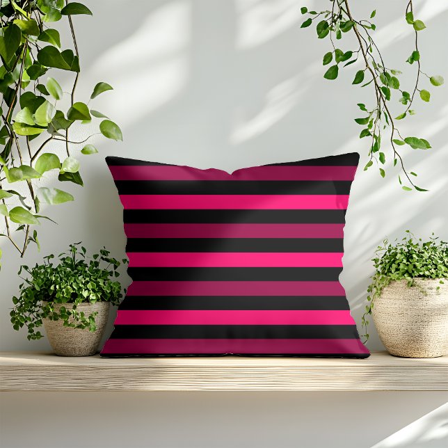 Magenta Pink Black Stripe Pattern Throw Pillow (Creator Uploaded)
