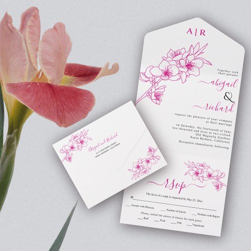 Magenta pink blossoms line art wedding all in one invitation