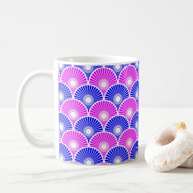 Magenta Pink Blue Chinese Semi Circle Wave pattern Coffee Mug (With Donut)