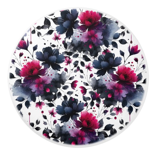Magenta Pink & Blue Inky Floral Watercolor Ceramic Knob (Front)