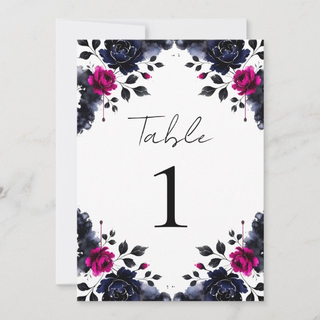 Magenta Pink & Blue Inky Floral Watercolor Table Invitation (Front)