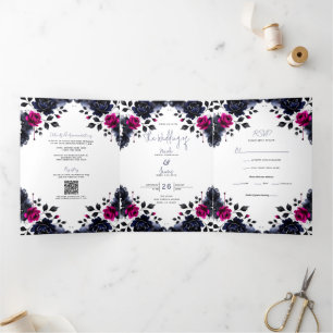 Magenta Pink & Blue Inky Floral Watercolor Wedding Tri-Fold Invitation