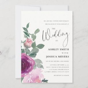 Magenta Pink Blush Pink Floral Roses Ivory Wedding Invitation
