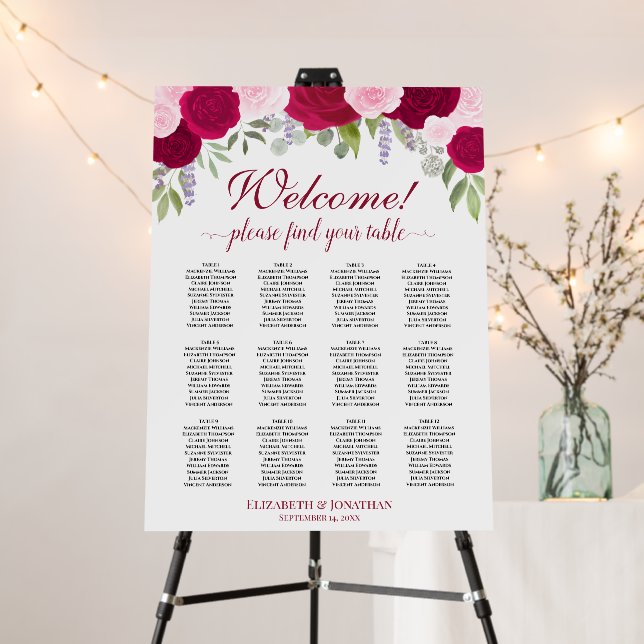 Magenta & Pink Boho Floral 12 Table Seating Chart Foam Board (In Situ (Stand))
