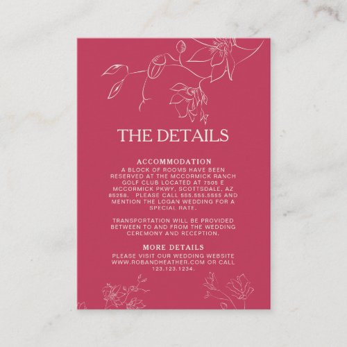 Magenta Pink Boho Floral Botanical Wedding Detail Enclosure Card