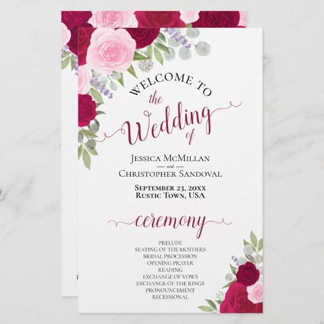 Magenta & Pink Boho Floral Budget Wedding Program (Front/Back)