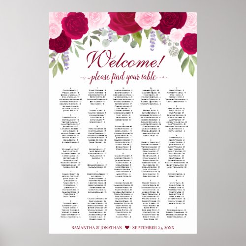 Magenta Pink Boho Roses Alphabetical Seating Chart
