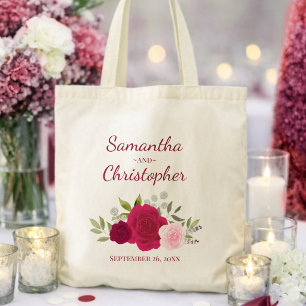 Magenta Pink Boho Roses Couple's Names Wedding  Tote Bag