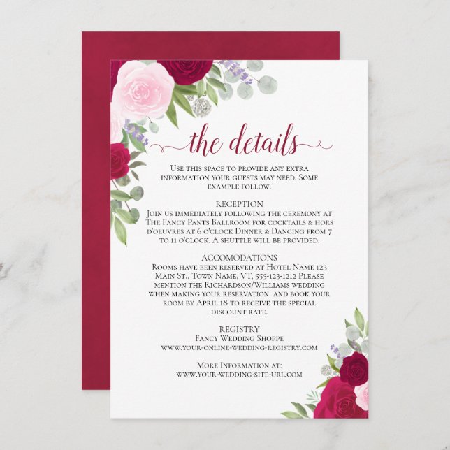 Magenta & Pink Boho Roses Rustic Wedding Details Enclosure Card (Front/Back)