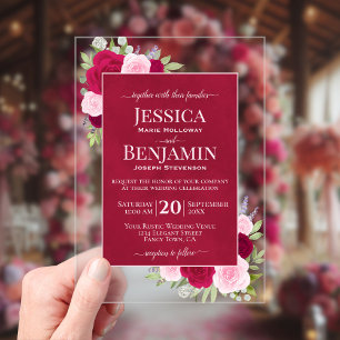 Magenta & Pink Boho Roses Stylish Text Wedding Acrylic Invitations