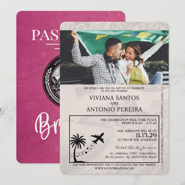 Magenta Pink Brazil Passport Wedding Invitation (Front/Back)