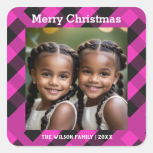 Magenta Pink Buffalo Plaid Custom Photo Christmas Square Sticker