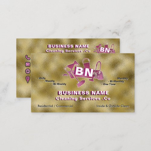 Magenta Pink Cleaning Service Logo Shiny Gold Foil Business Card