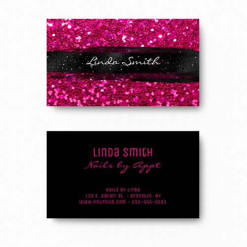 Magenta Pink Confetti Glitter Black Brush Strokes Business Card