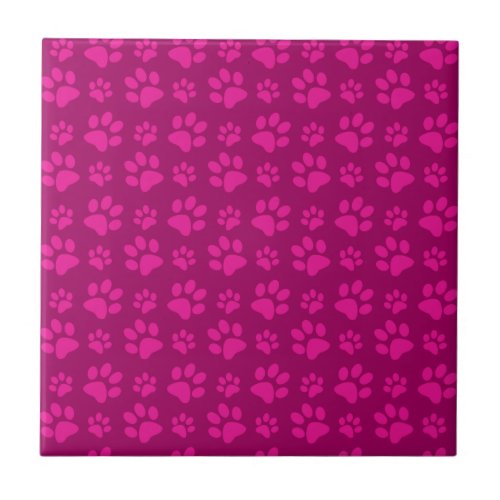 Magenta pink dog paw prints pattern ceramic tile