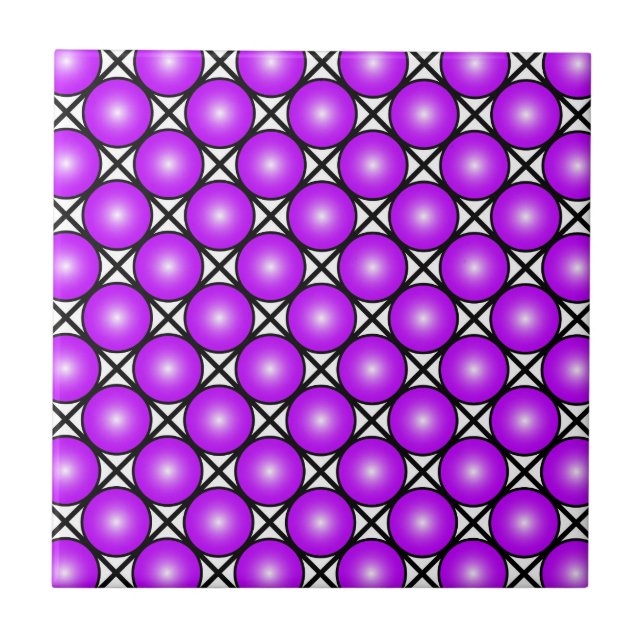 Magenta Pink Dots Black White Lattice Pattern Ceramic Tile (Front)