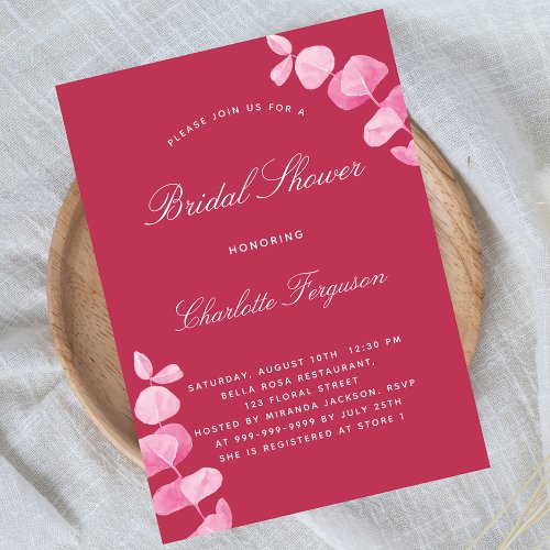 Magenta pink eucalyptus bridal shower invitation