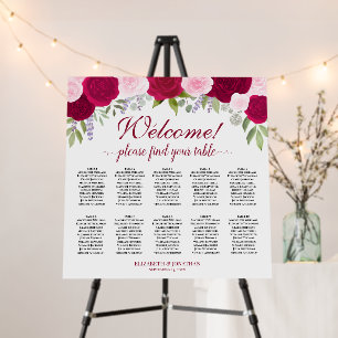 Magenta Pink Floral 10 Table Wedding Seating Chart Foam Board