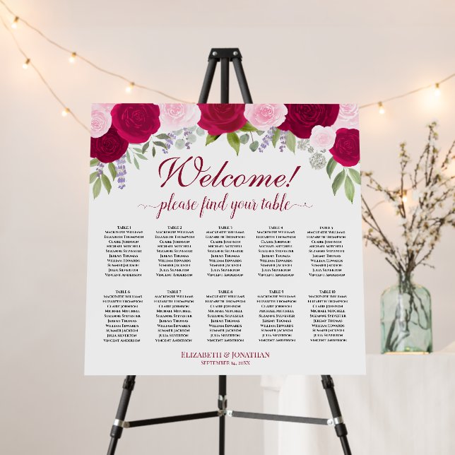Magenta Pink Floral 10 Table Wedding Seating Chart Foam Board (In Situ (Stand))