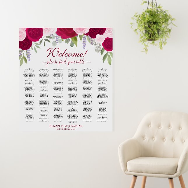 Magenta & Pink Floral Alphabetical Seating Chart Foam Board (In Situ (Wall))