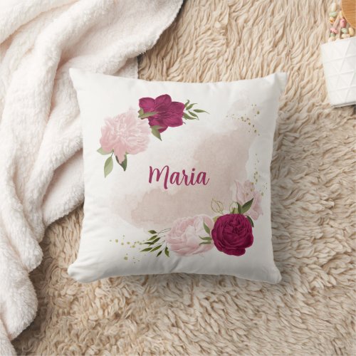 magenta pink floral greenery throw pillow