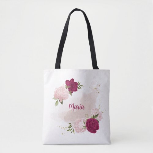 magenta pink floral greenery tote bag