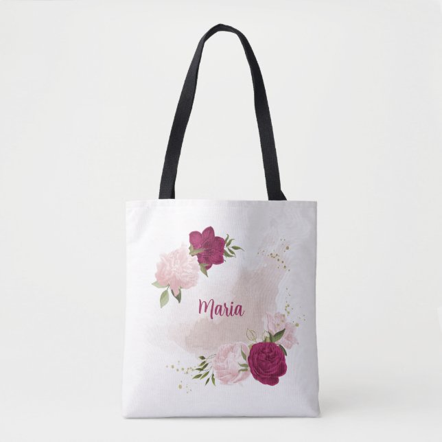 magenta pink floral greenery tote bag (Front)