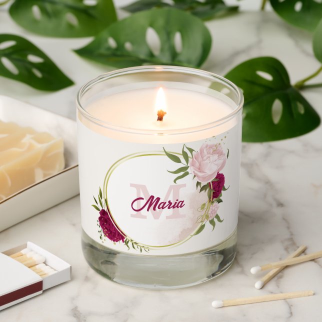 magenta pink floral greenery wedding scented candle (Lit)
