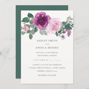 Magenta Pink Floral Pearl White Leaf Green Wedding Invitation