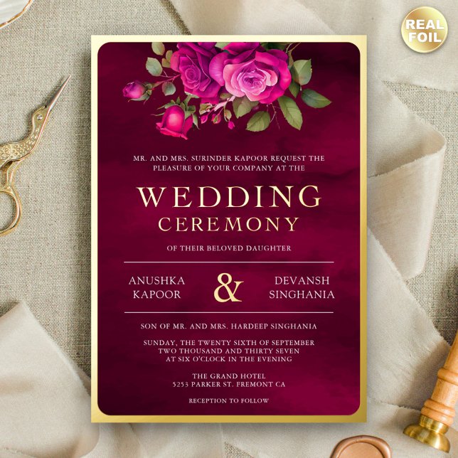 Magenta Pink Floral Photo Indian Wedding Gold Foil Invitation (Creator Uploaded)