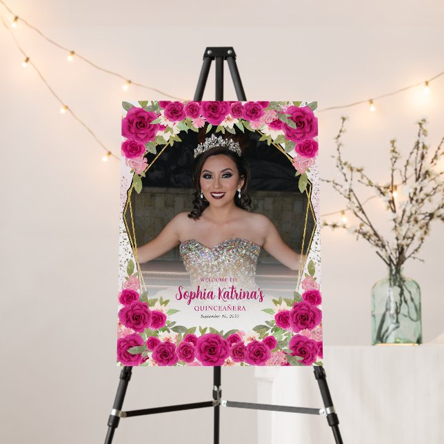 Magenta Pink Floral Princess Quinceañera Photo Foam Board (In Situ (Stand))