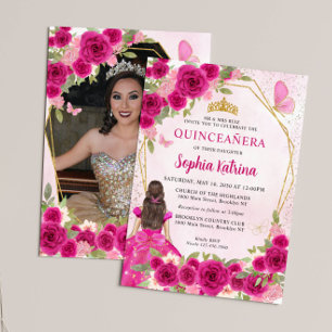Magenta Pink Floral Princess Quinceañera Photo Invitation