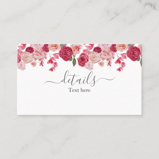 Magenta Pink Floral Wedding details card (Front)