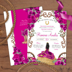 Magenta Pink Floral Western Charra Quinceañera Invitation
