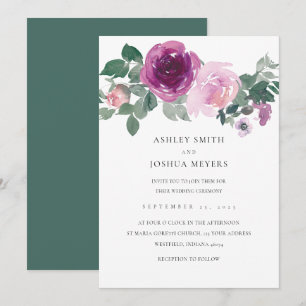 Magenta Pink Floral White Leaf Green Wedding Invitation