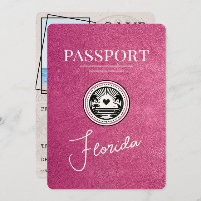 Magenta Pink Florida Passport Save The Date (Front/Back)