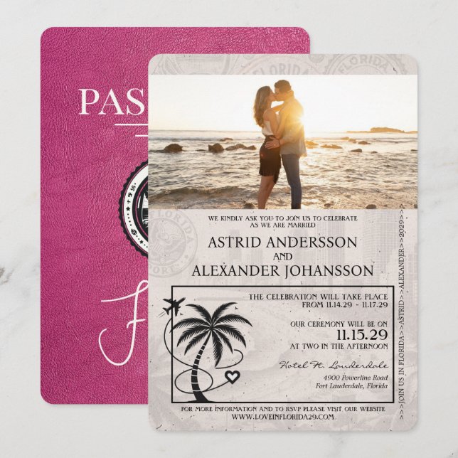 Magenta Pink Florida Passport Wedding Invitation (Front/Back)