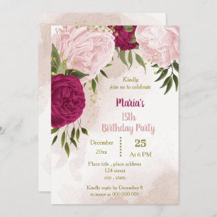 magenta pink flowers green leaves birthday invitation