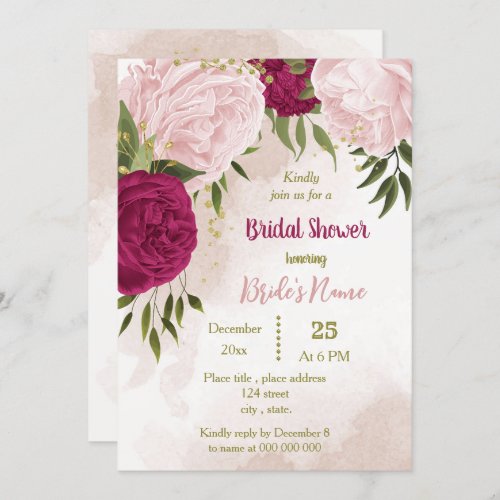 magenta pink flowers green leaves bridal shower invitation