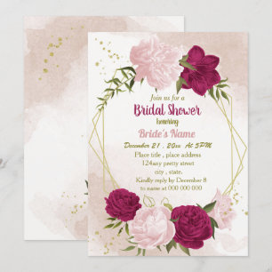magenta pink flowers green leaves bridal shower invitation