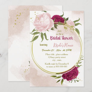 magenta pink flowers green leaves bridal shower invitation
