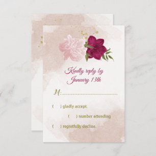 magenta pink flowers green leaves RSVP card
