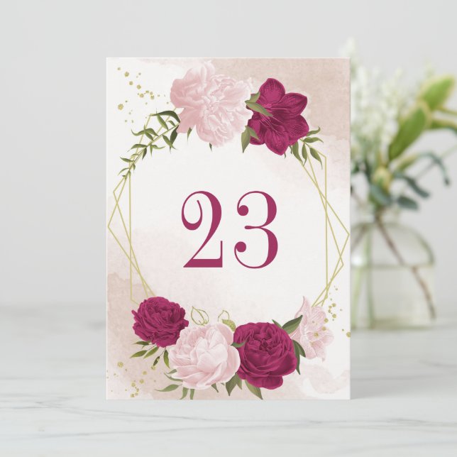 magenta pink flowers green leaves table number  (Standing Front)