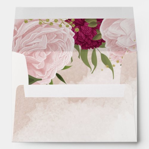 magenta pink flowers green leaves wedding envelope