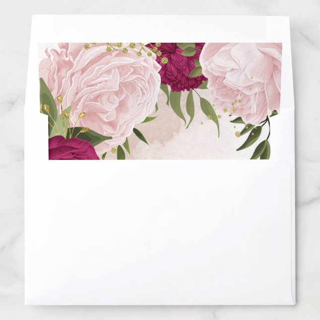 magenta pink flowers green leaves wedding envelope liner (In Envelope)
