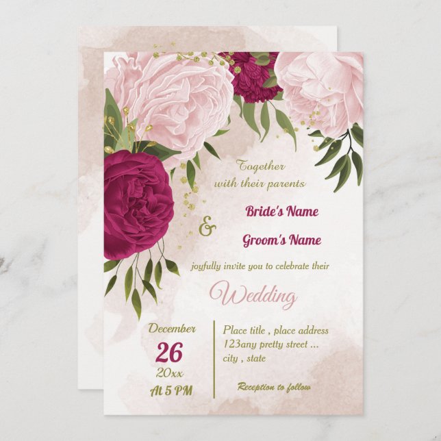 magenta pink flowers green leaves wedding invitation (Front/Back)