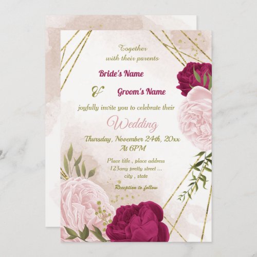 magenta pink flowers green leaves wedding invitation