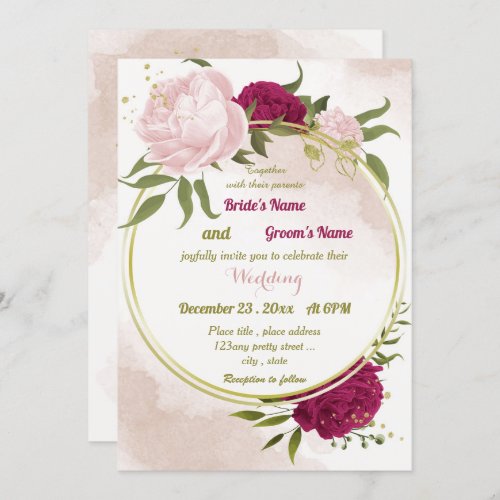 magenta pink flowers green leaves wedding invitation