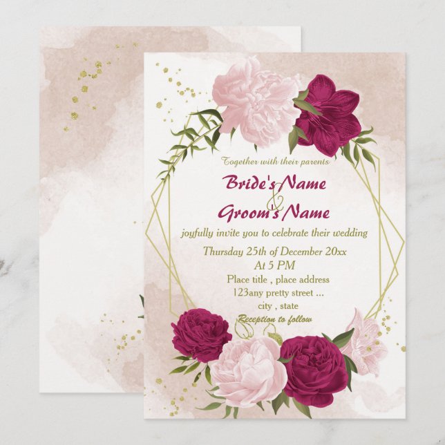 magenta pink flowers green leaves wedding invitation (Front/Back)